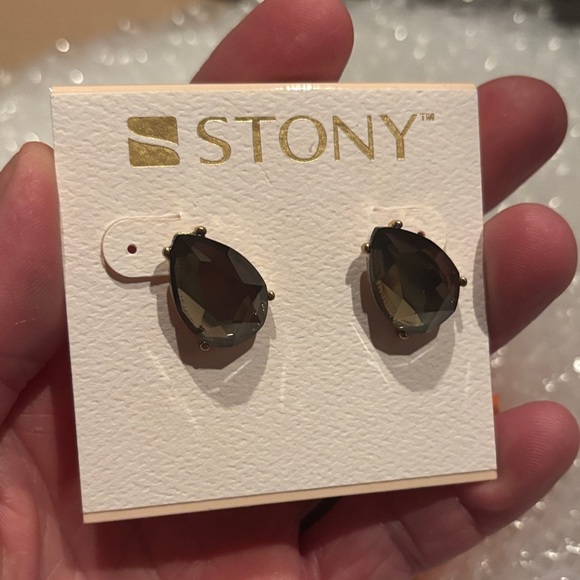 Stony Green & Gold Teardrop Earrings Dangle Drop Statement, NWT - Picture 3 of 6